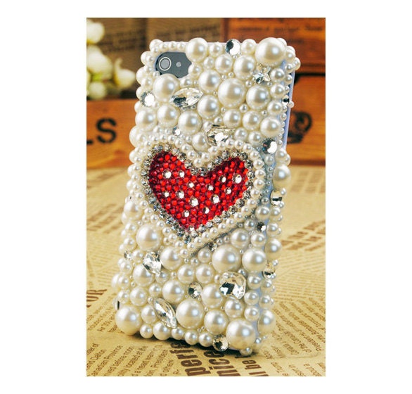 iPhone4S 4G 3GS Pearl Crystals Bling Red Heart Best Birthday Gift Skin Case Cover Free Shipping Worldwide