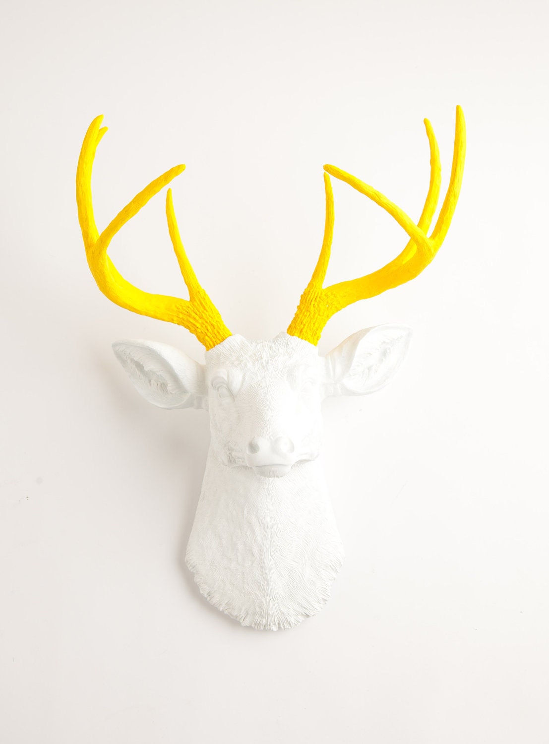 Faux Taxidermy - The Baron - White W/ Yellow Antlers Resin Deer Head- Stag Resin White Faux Taxidermy