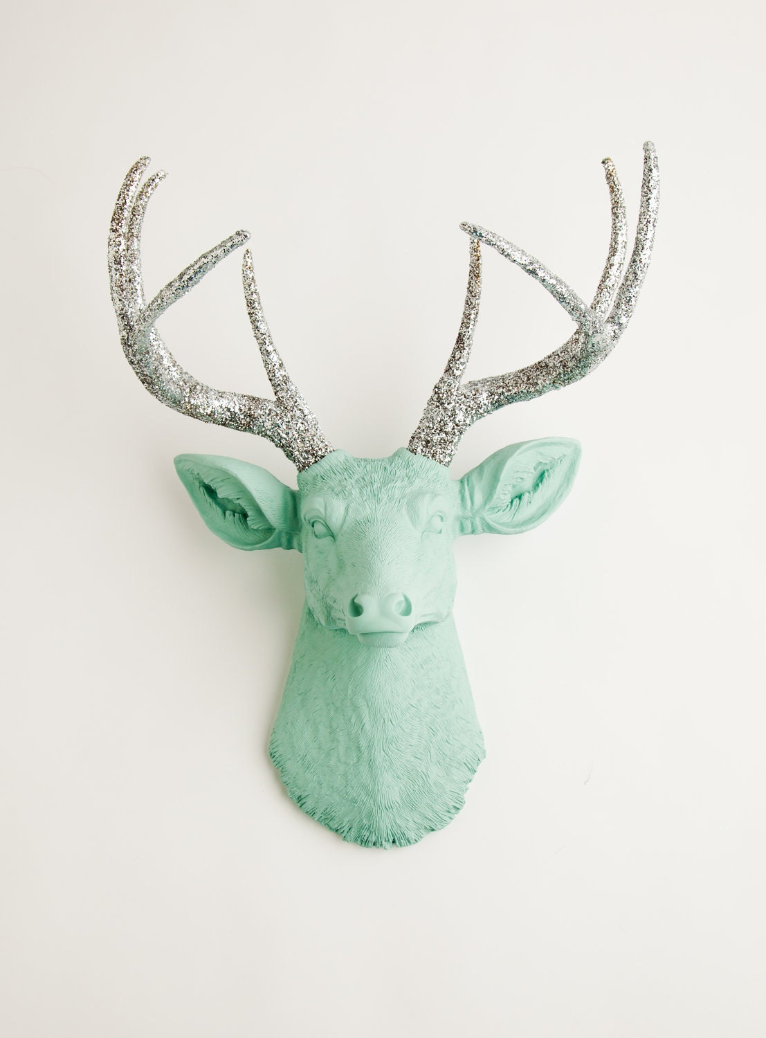 Faux Deer Head - The Agnes - Seafoam Green W/ Silver Glitter Antlers Resin Deer Head- Stag Resin White Faux Taxidermy