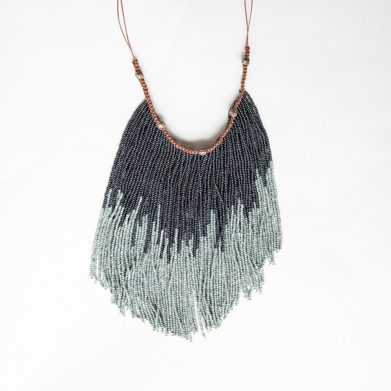 Bead Fringe Bib Necklace - Navy Blue Tribal Necklace - Navajo Style - Native American Fashion - Handmade Artisan Jewelry