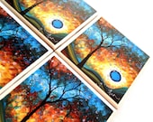 Blue Moon Coasters, Ceramic Tile Set, MADART Gallery, Abstract Painting Print, Nature, Table Protection