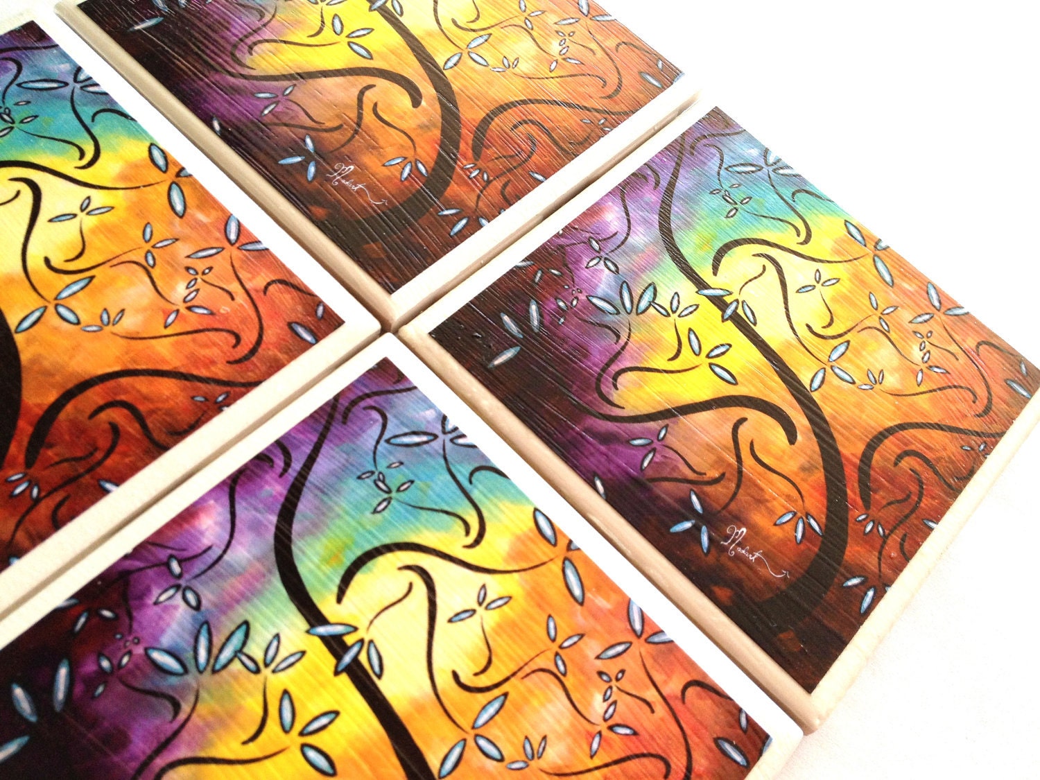 Rainbow Tree Coasters, Ceramic Tile Set, MADART, Abstract Nature, Rainbow Painting, Rainbow Art