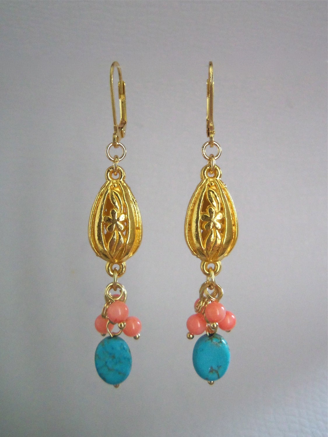 Drop Earring with Turquoise & Pink Stones