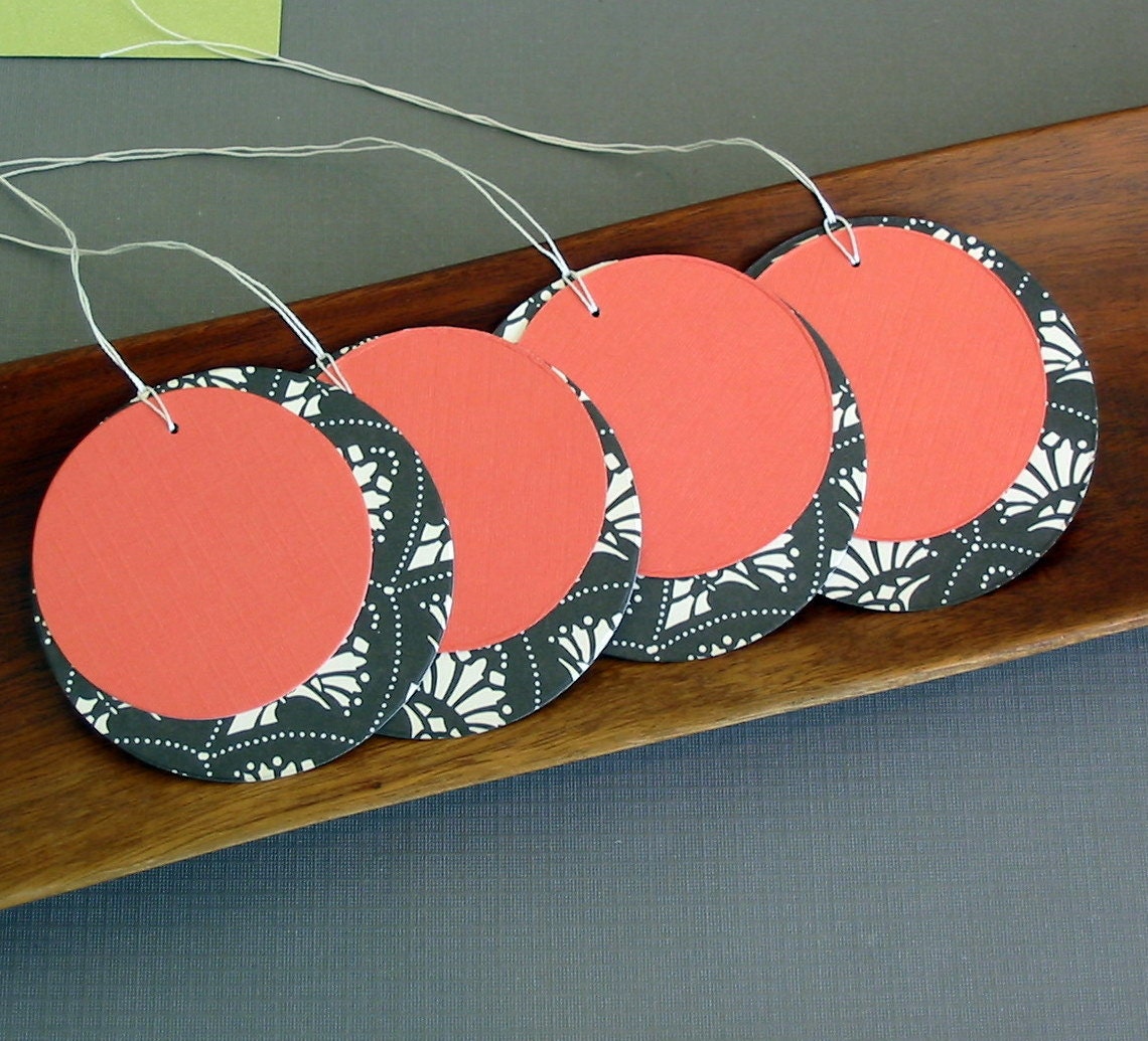 Gift tags: double circle set of 12 large black and white with salmon orange - paperunlimited