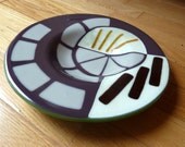 Abstract Decorative Mauve, White, Cream, and Mustard Geometric Fused Glass Bowl