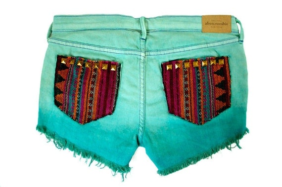 Tribal Aztec Navajo Southwestern Ethnic Print Teal Mint Ombre Dyed Studded Handmade Denim Destroyed Boho Coachella Hipster Cut Offs Shorts