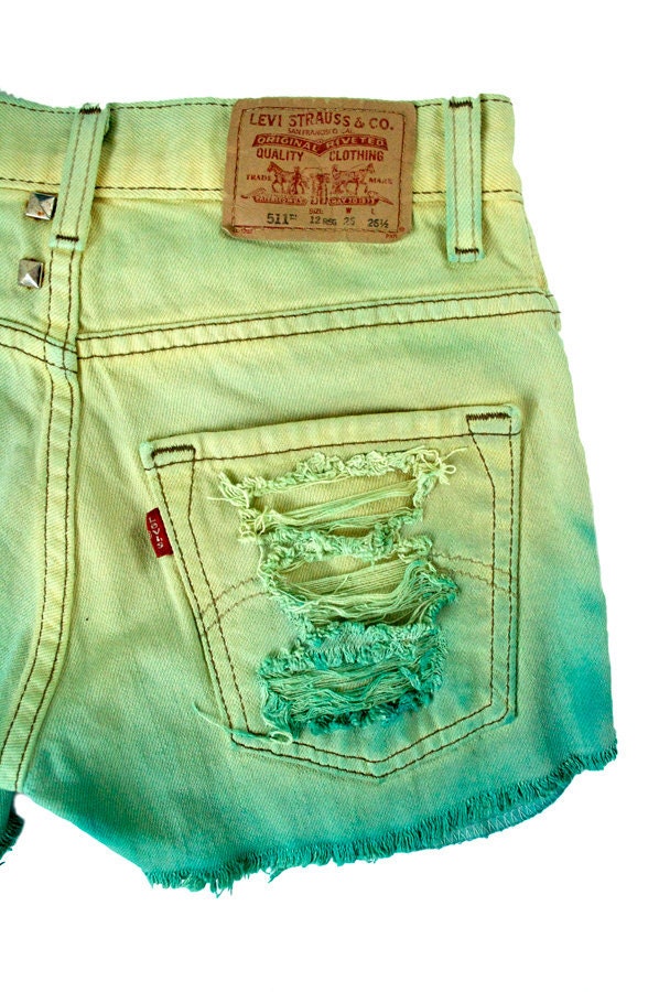 RESERVED FOR CARINA: Ombre Studded Hand Dyed Green Pastel Yellow Teal Mint Hipster Handmade Dip Dyed Boho Coachella Denim Cut Offs Shorts