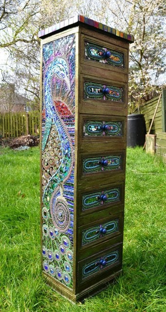 SOLD - Mosaic art, Mosaic Peacock Chest of Draws - SOLD
