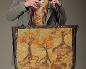 Felt Wool Painting  Bag  Ostrich Leather Handbag Earth tone Autumn Golden Trees  Felted purse