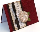 Red Tattered Rose Note Card, Anniversary Card, Vintage Inspired Romantic Card, White Rose Birthday card, French Script, Floral Love
