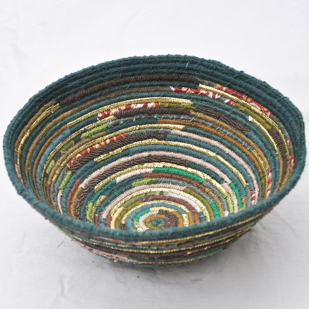 Recycled coiled basket/bowl - green/brown