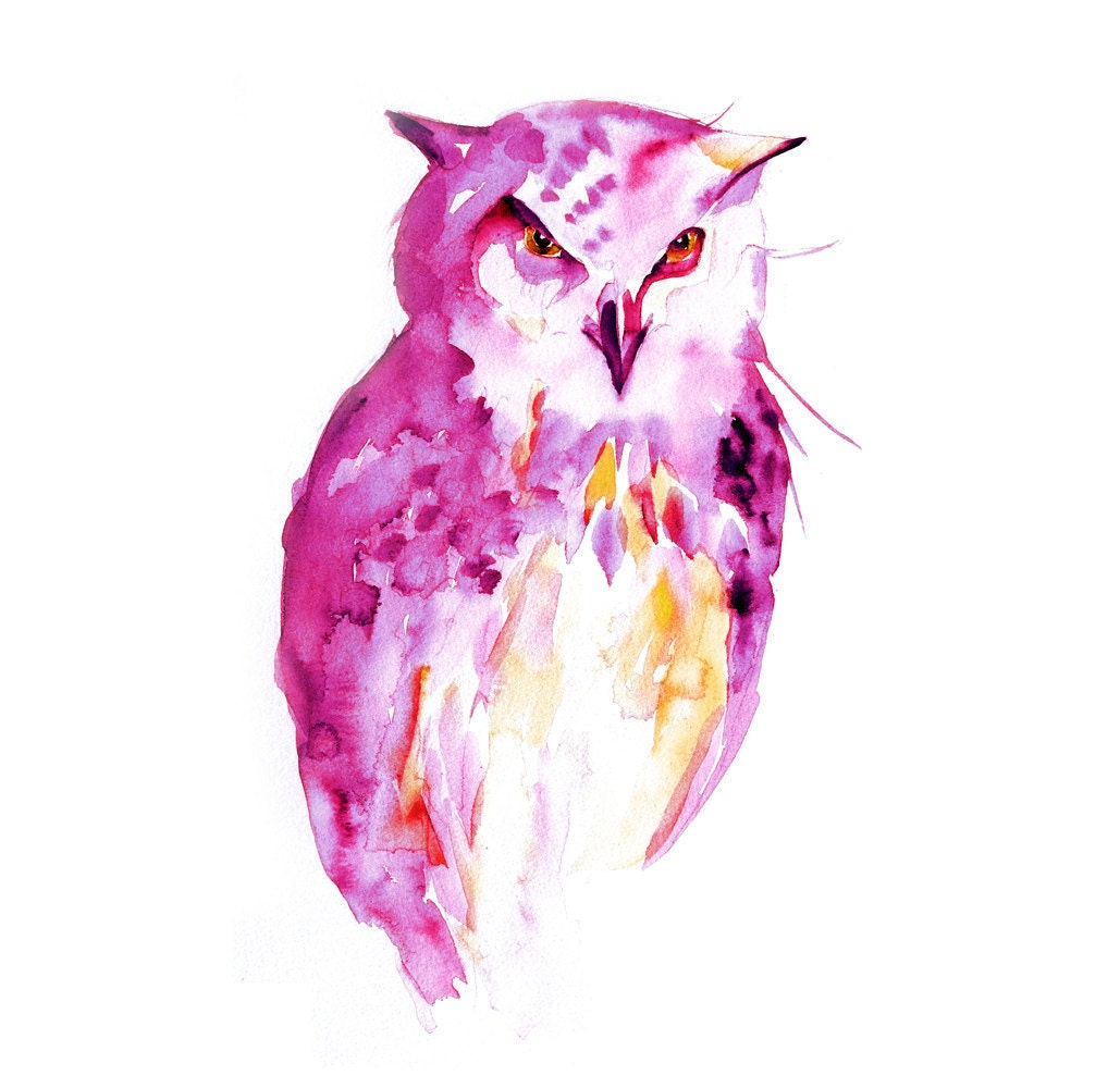 Violet Owl ART PRINT 13X19 original watercolor painting illustration home wall decor  modern contemporary reproduction poster