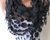 Mother's Day - Black Lace Scarf - Polka Dot Patterned Tulle Scarf with Black Trim