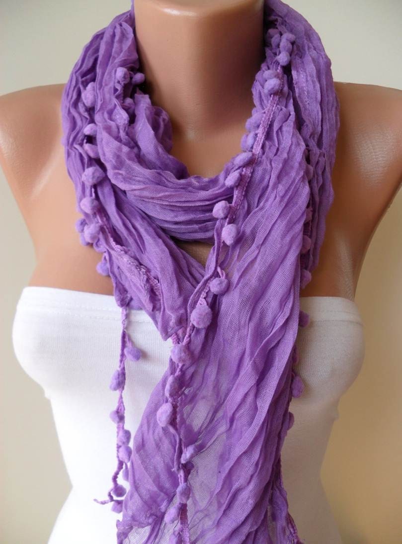New - ON SALE - Gift Scarf -   Lilac Cotton Scarf with Pompom Trim Edge