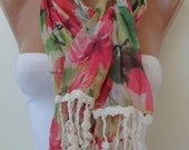 New - Colorful Flowered Scarf - with Beige Trim Edge