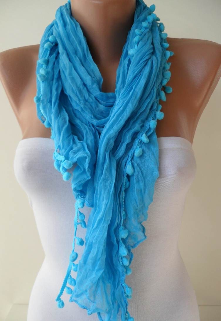 Trendy - Blue Cotton Scarf with Pompom Trim