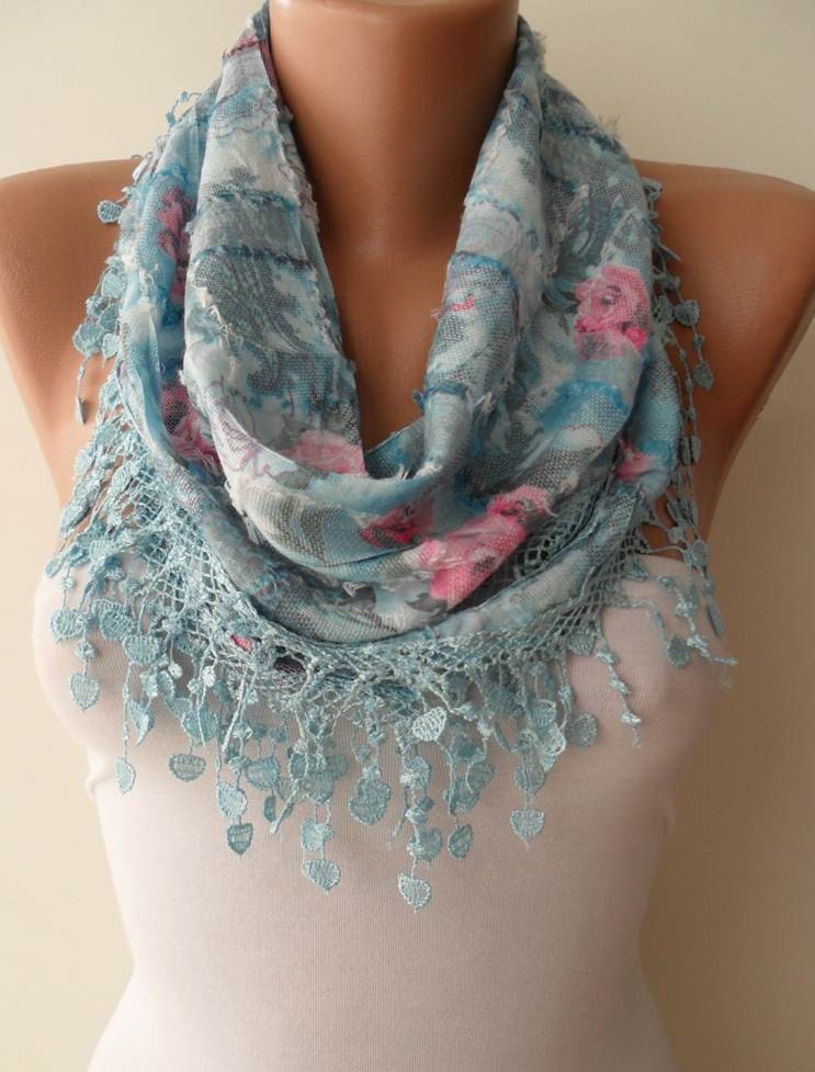New Scarf - Mother's Day Gift - Light Blue Scarf with Same Color Trim Edge - Flowered Fabric - Summer Colors
