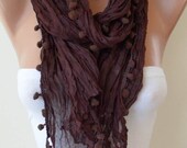 Brown Cotton Scarf with Pompom Trim- Trendy