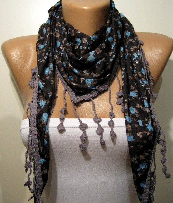 Dark Grey and Elegance Shawl / Scarf - with Lace Edge - Blue Flowers