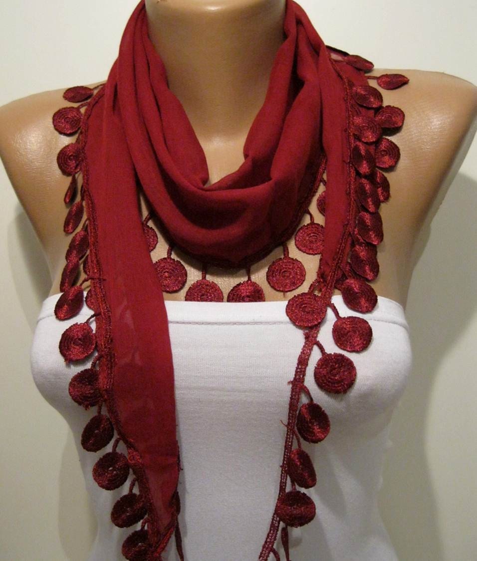 Burgundy and Elegance Shawl / Scarf with Lace Edge