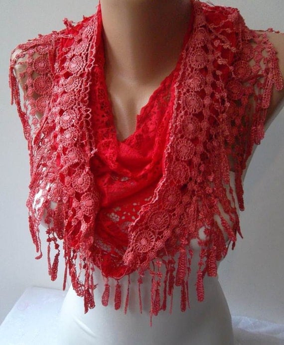 Red Scarf - Laced Fabric - with Red Trim Edge