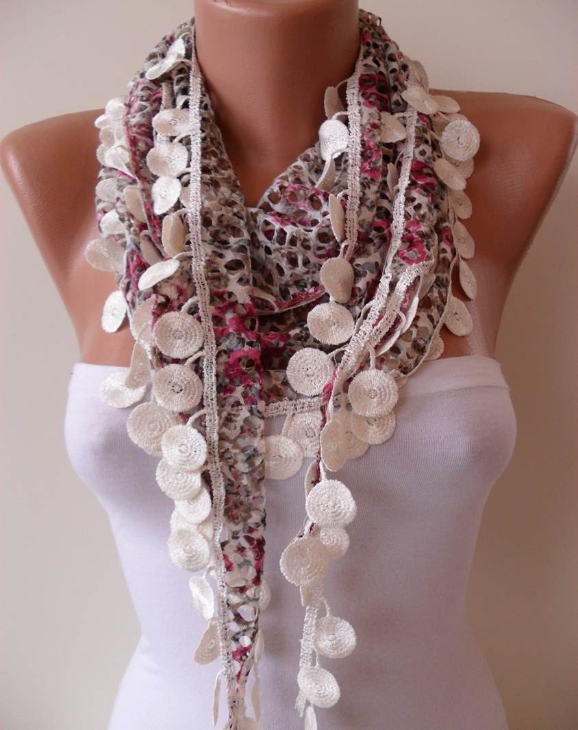 SALE - Perforated Fabric - Colorful Spring Shawl / Scarf - with Lace Edge