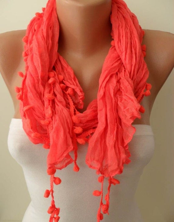 Coral Cotton Scarf with Pompom Trim Edge