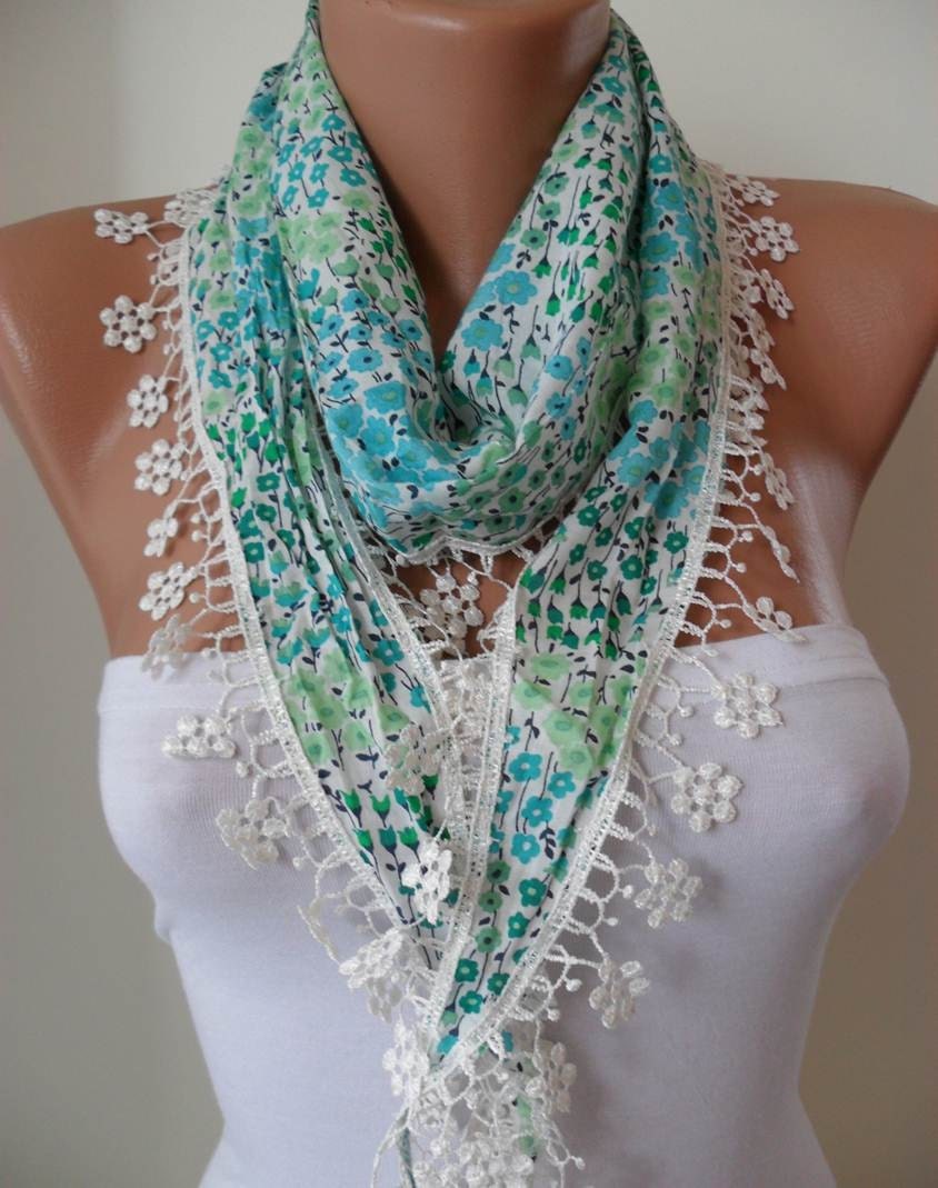 Green Flowered Scarf with White Trim Edge Shaped Flower
