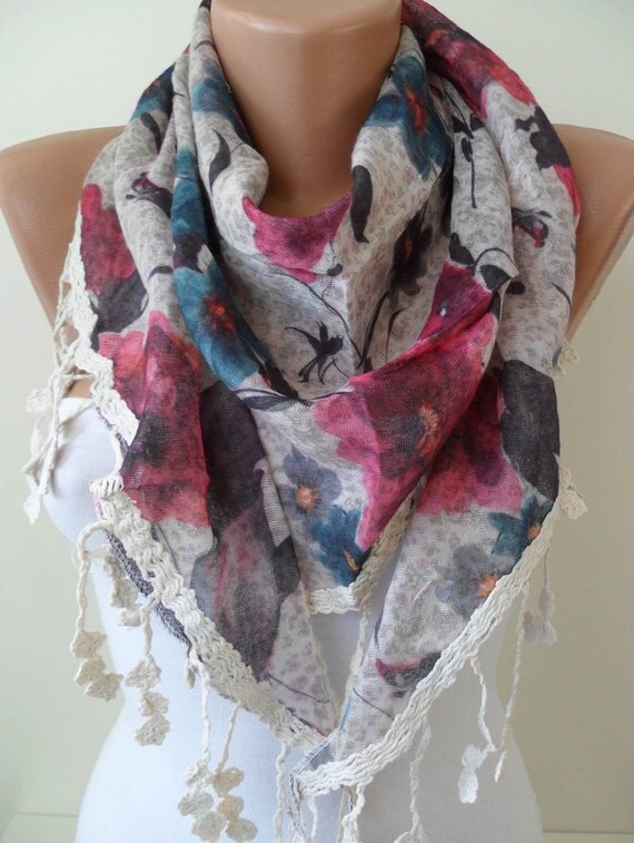 Beige-Pink and Blue - Flowered - Triangular Scarf - with Beige Trim Edge