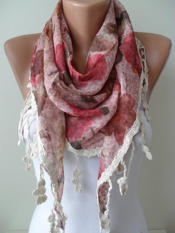 Pink and Peach - Flowered - Triangle Shawl - with Beige Trim Edge