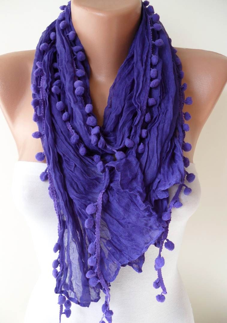 New - Mother's Day Gift -  Purple Cotton Scarf with Pompom Trim Edge