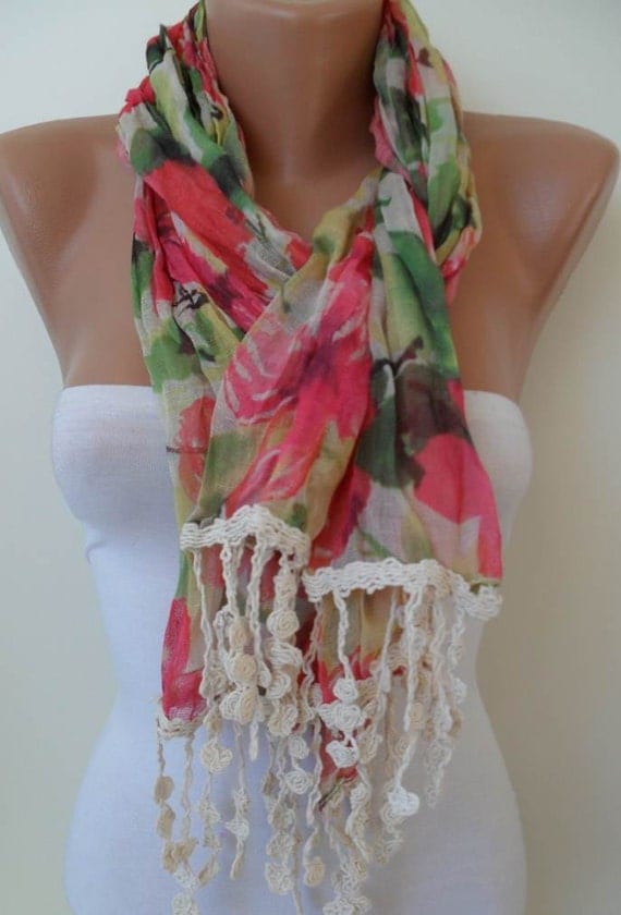New - Colorful Flowered Scarf - with Beige Trim Edge
