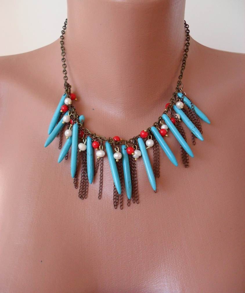 Turquoise - Coral and Pearl Necklace with Chain - Speacial Design