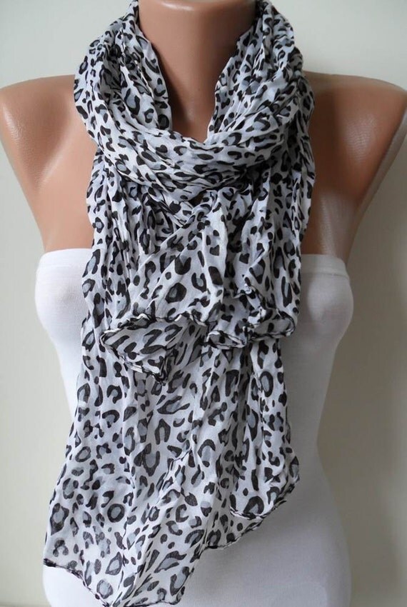 SALE - White - Grey and Black Leopard Scarf for Summer