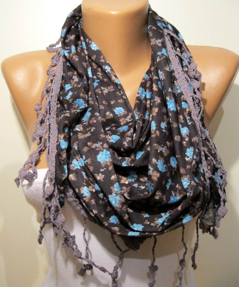 Dark Grey and Elegance Shawl / Scarf - with Lace Edge - Blue Flowers