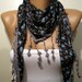 Dark Grey and Elegance Shawl / Scarf - with Lace Edge - Blue Flowers