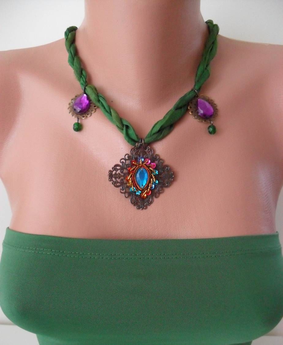Green and Fuschia Necklace with Silk and Ethnic Items - Speacial Design
