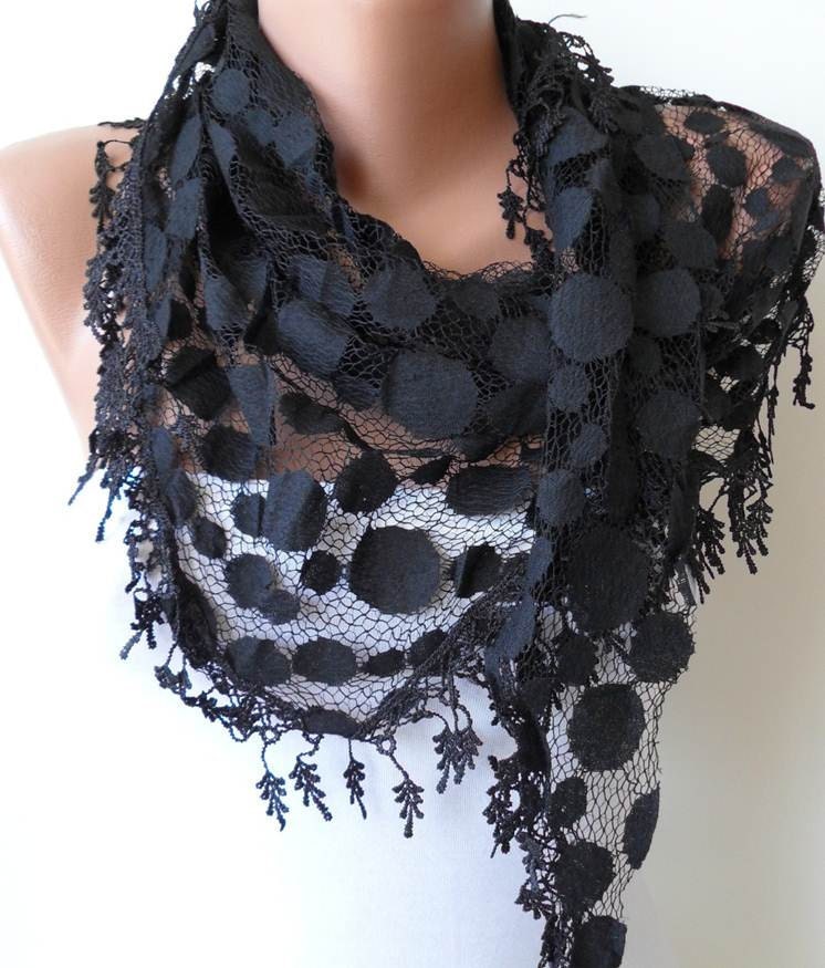 Mother's Day - Black Lace Scarf - Polka Dot Patterned Tulle Scarf with Black Trim