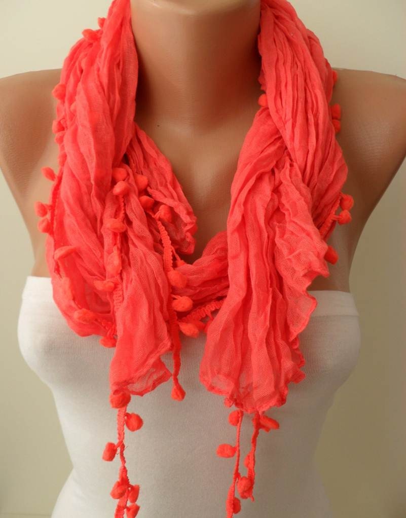 Coral Cotton Scarf with Pompom Trim Edge