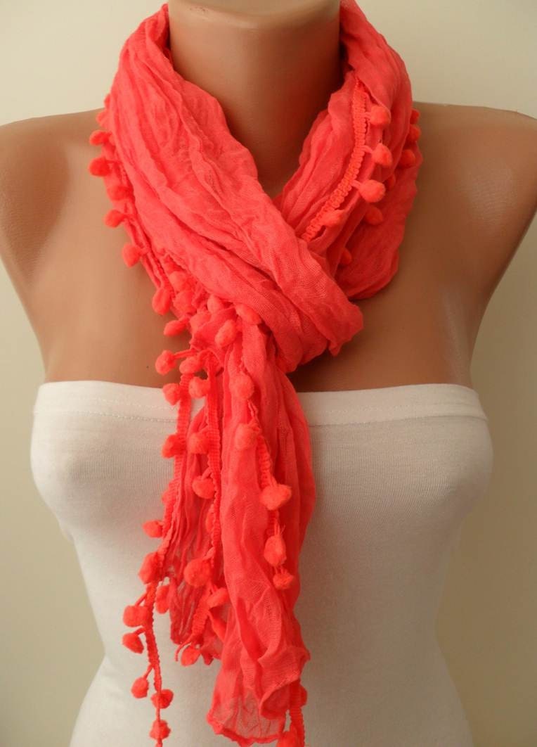 Coral Cotton Scarf with Pompom Trim Edge
