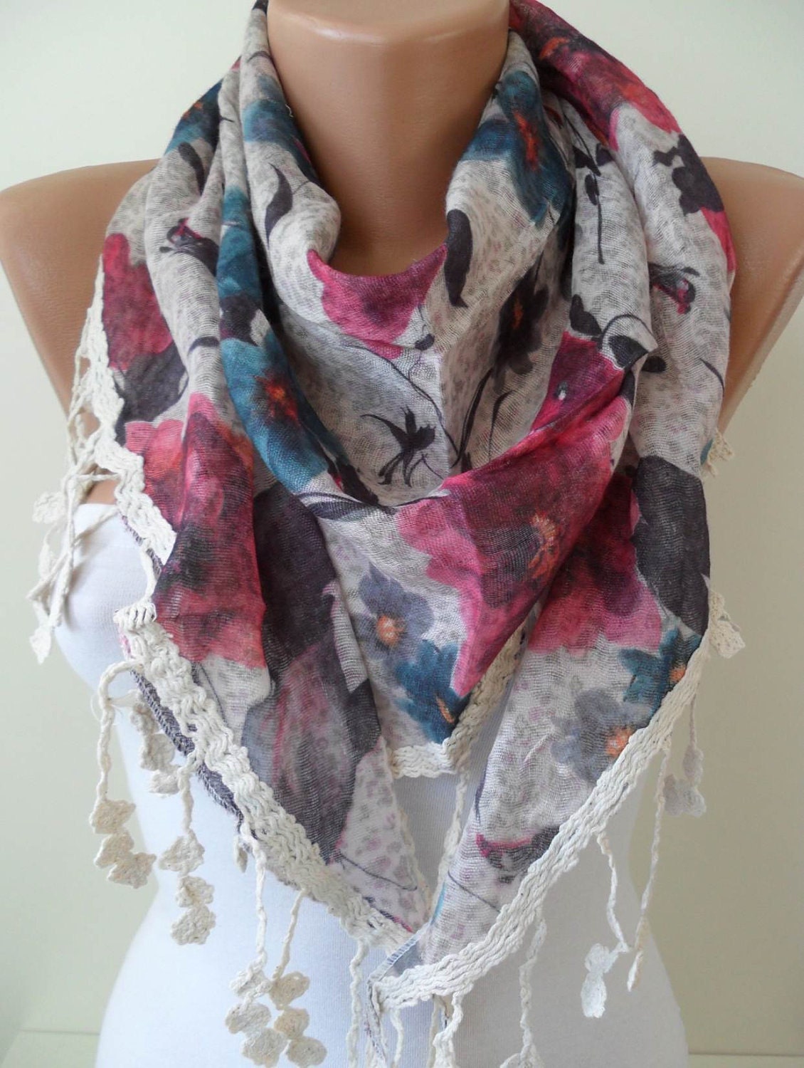 Beige-Pink and Blue - Flowered - Triangular Scarf - with Beige Trim Edge
