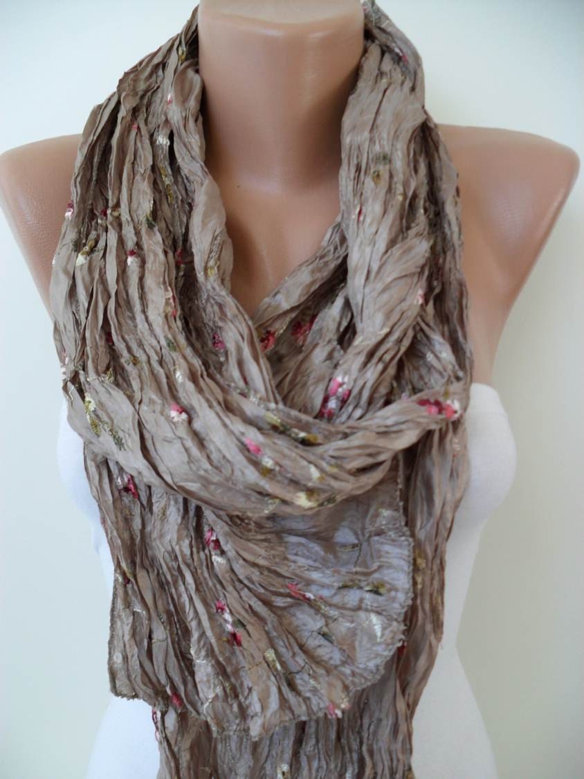 Light Brown Scarf - Silky Embroidered Fabric