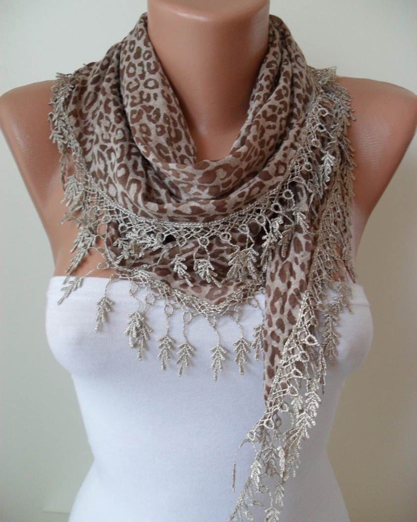 Brown - Leopard Print  Scarf with Trim Edge