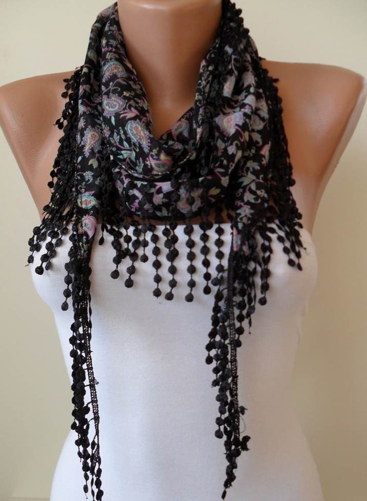SALE - Black and Colorful Scarf with Black Trim Edge