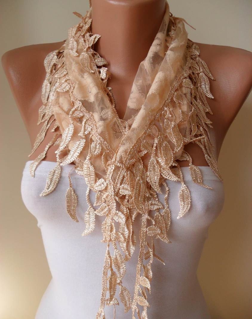 Mother's Day - Tan Scarf with Lace Trim Edge Shaped Leaves