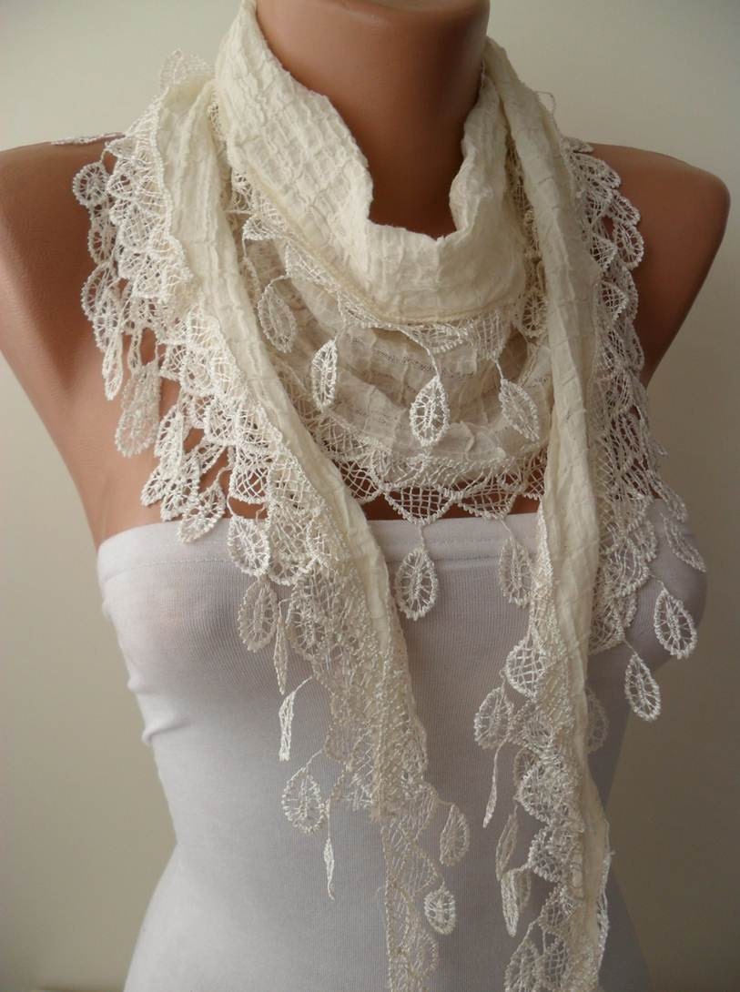 Creamy White Lightweight Cotton Scarf - Headband - Cowl with Creamy Trim Edge