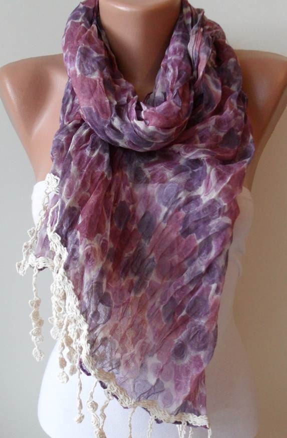 SALE SALE - Purple Linen Flowered Scarf - with Beige Trim Edge