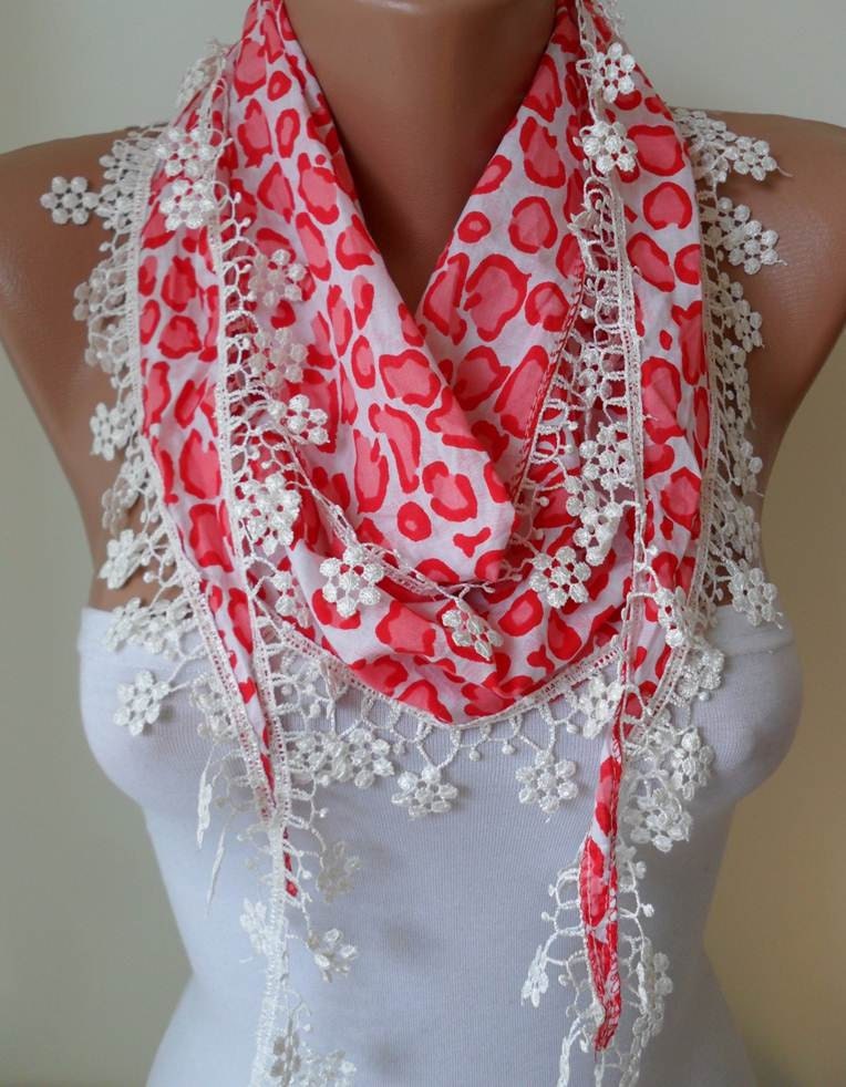 Spring Scarf with White Flowered Trim Edge