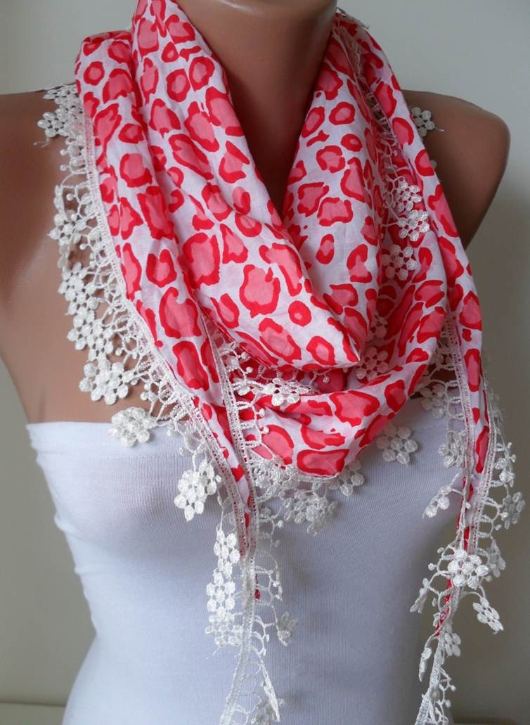 Spring Scarf with White Flowered Trim Edge