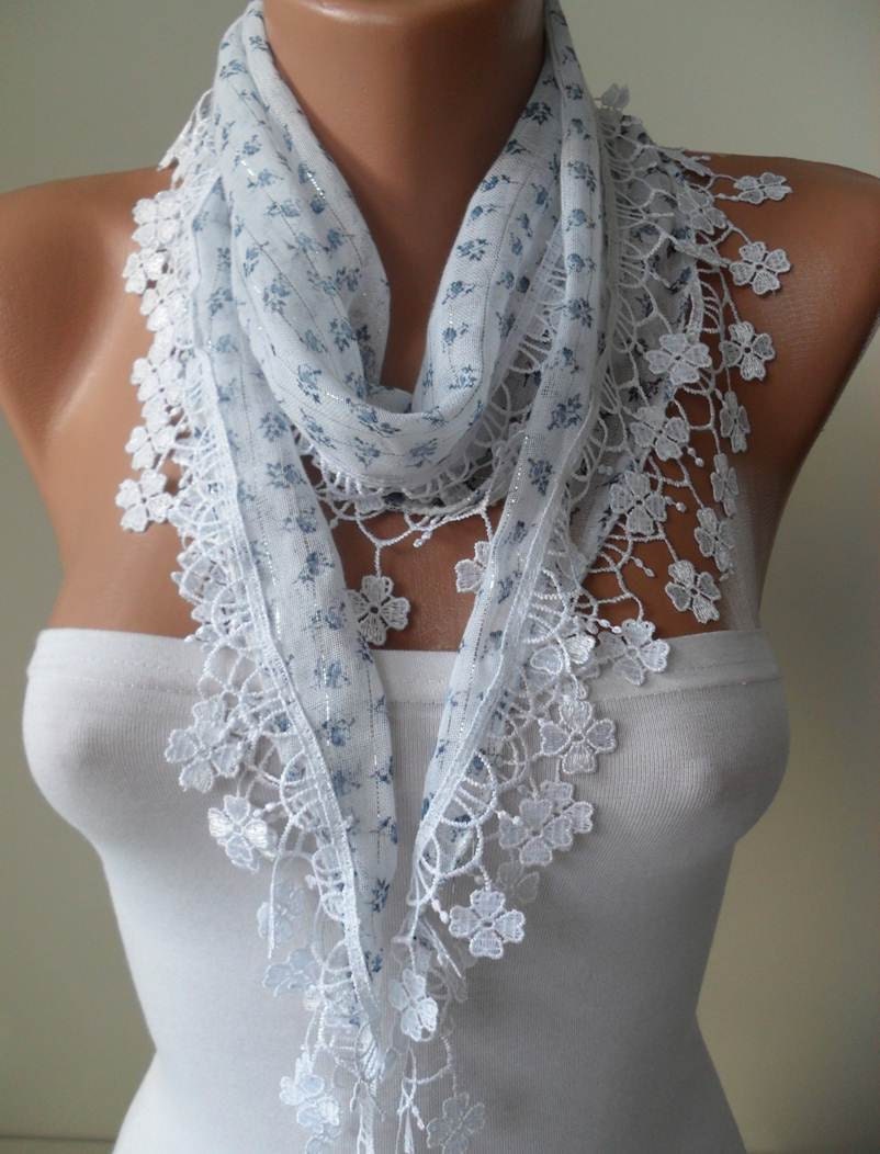 White Scarf with Blue Flowered Fabric - with White Trim Edge
